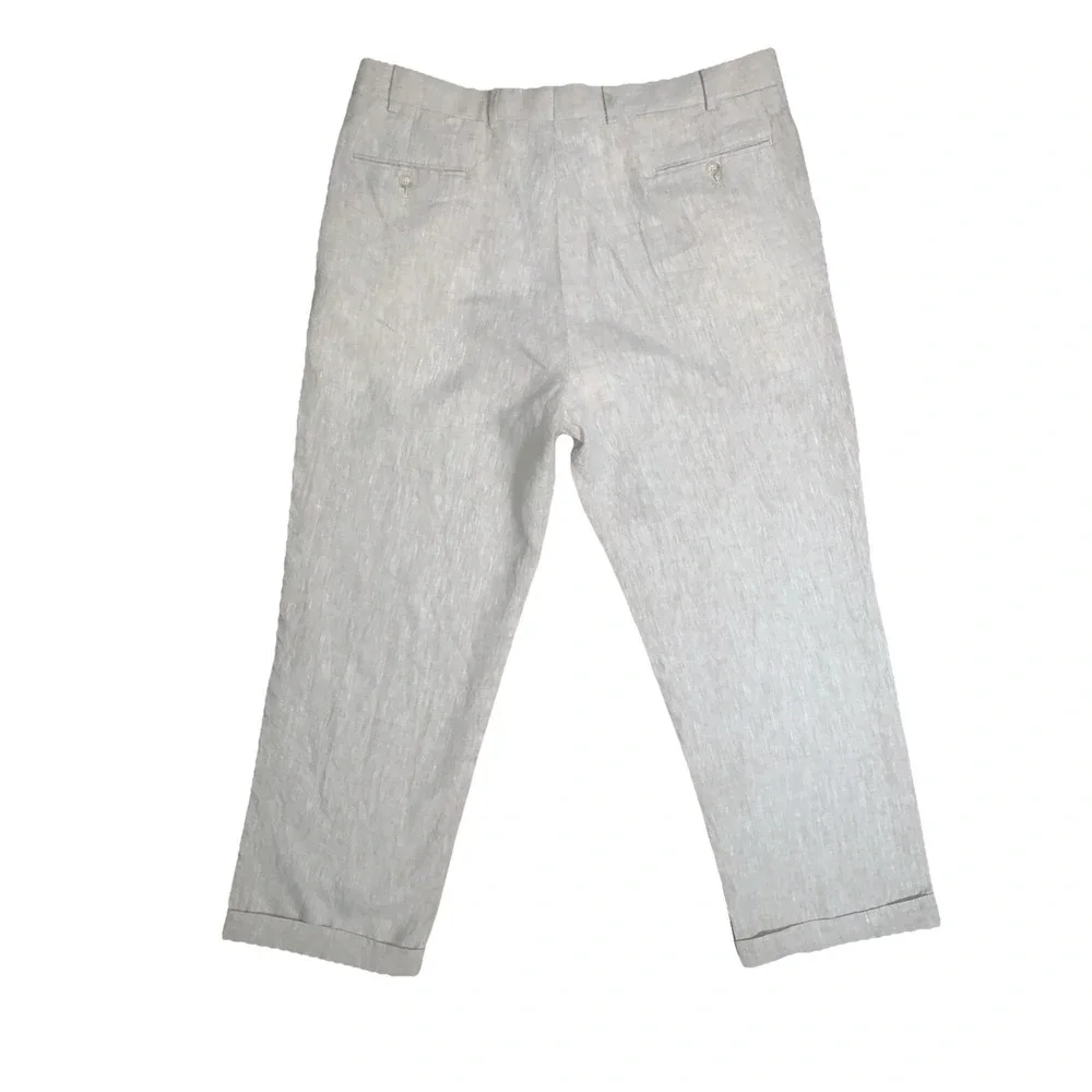 Haspel Linen Pants Oxford Dress Mens 38R Pleated‎ Cuffed Beige Tan Summer Preppy